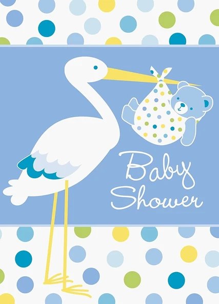 Baby Boy Stork Temalı Mavi Renk Baby Shower Davetiye 8 Adet ürün görseli 1