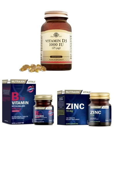 Solgar Vitamin D3 1000 Iu 100 Kapsül + Nutraxin Vitamin B12 60 Dilaltı Tablet + Zinc Sulphate 100 Tablet ürün görseli 1