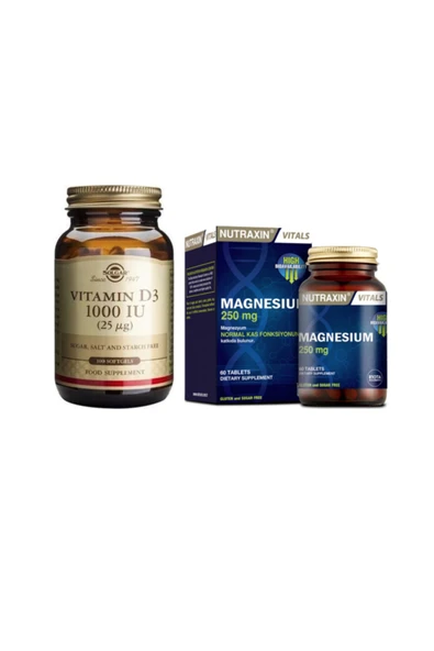 Solgar D3 Vitamini 1000 Iu 100 Kapsül + Nutraxin Magnesium 250 Mg 60 Tablet ürün görseli 1