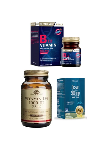 Solgar D3 Vitamini 1000 Iu 100 Kapsül+nutraxin B12 Vitamini 60 Dilaltı Tableti+ocean Balık Yağı 60 Kapsül ürün görseli 1