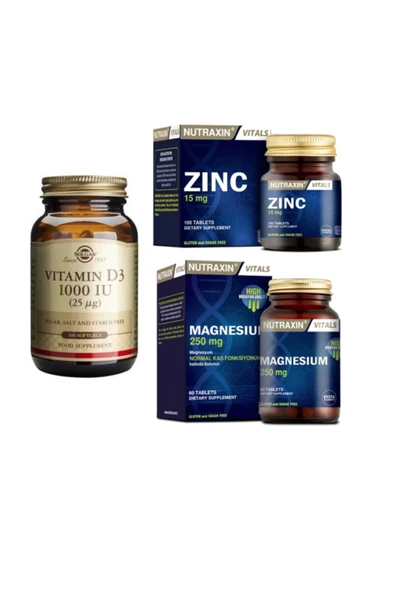 Solgar D3 Vitamini 1000 Iu 100 Kapsül+nutraxin Zinc 15 Mg 100 Tablet+magnezyum 250 Mg 60 Tablet ürün görseli 1