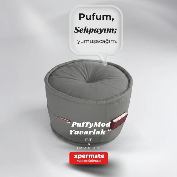 Dekoratif Yuvarlak Puf Orta Sehpa Puf 60x42 Cm Gri Puffymod ürün görseli 1