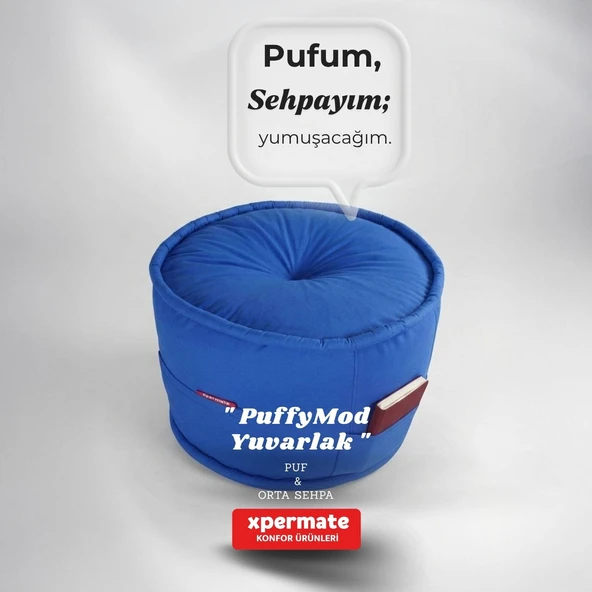Dekoratif Yuvarlak Puf Orta Sehpa Puf 60x42 Cm Mavi Puffymod ürün görseli 1