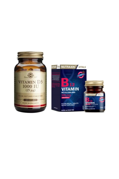 Solgar D3 Vitamini 1000 Iu 100 Kapsül + Nutraxin B12 1000 Mcg 60 Dilaltı Tableti ürün görseli 1