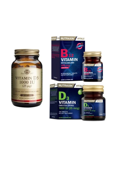 Solgar D3 Vitamini 1000 Iu 100 Kapsül+nutraxin Vitamin B12 60 Dilaltı Tab.+nutraxin D3 Vitamini 120 Tablet ürün görseli 1