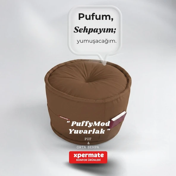 Dekoratif Yuvarlak Puf Orta Sehpa Puf 60x42 Cm Kahverengi Puffymod ürün görseli 1