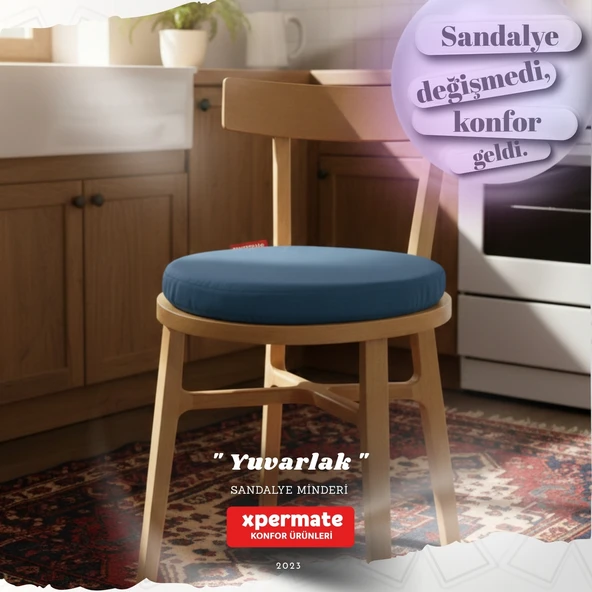 Yuvarlak Sandalye Minderi  Mutfak, Balkon, Bahçe Minderi  Bağcıklı Yıkanabilir Sünger Minder Mavi ürün görseli 1