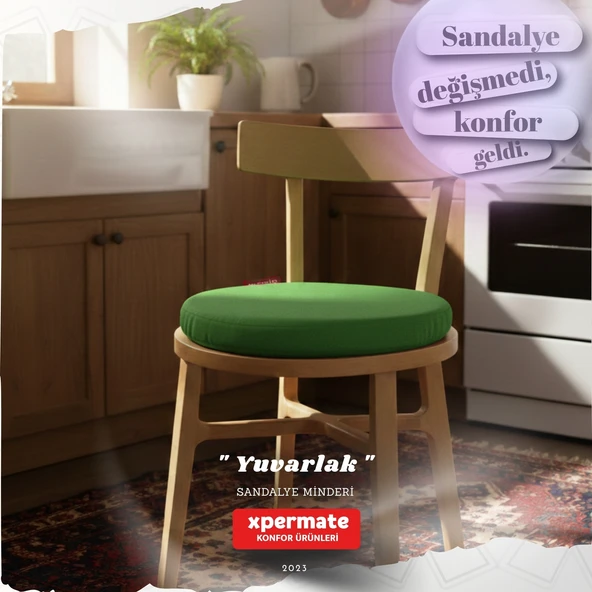 Yuvarlak Sandalye Minderi  Mutfak, Balkon, Bahçe Minderi  Bağcıklı Yıkanabilir Sünger Minder Yeşil ürün görseli 1