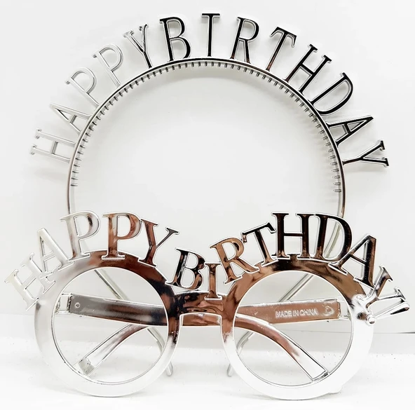 Happy Birthday Yazılı Taç Ve Happy Birthday Yazılı Gözlük Seti Gümüş Renk ürün görseli 1