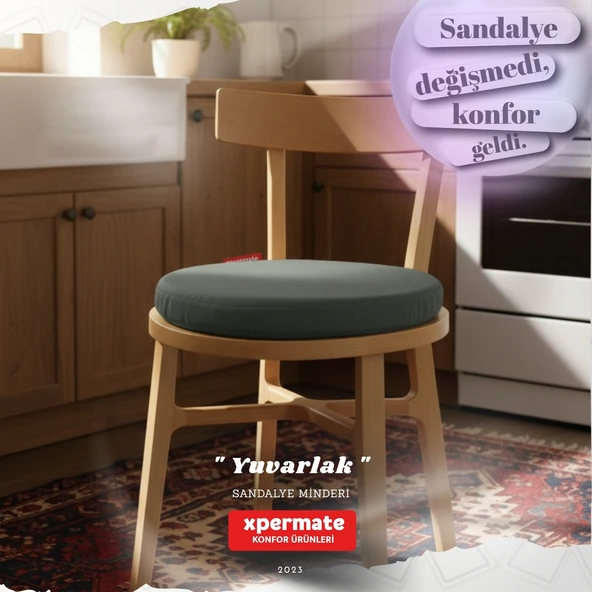 Yuvarlak Sandalye Minderi  Mutfak, Balkon, Bahçe Minderi  Bağcıklı Yıkanabilir Sünger Minder Gri ürün görseli 1