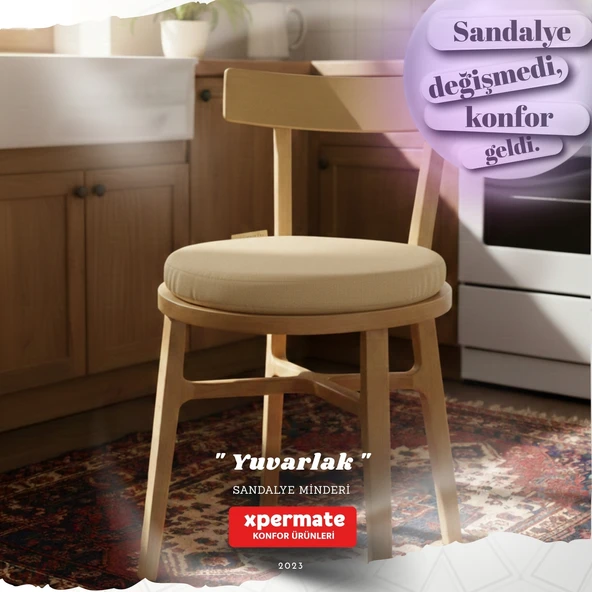 Yuvarlak Sandalye Minderi | Mutfak, Balkon, Bahçe Minderi | Baðcýklý Yýkanabilir Sünger Minder Bej ürün görseli 1