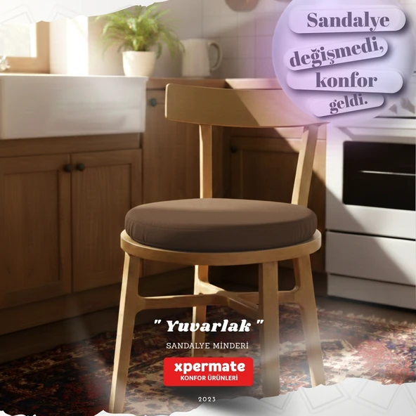 Yuvarlak Sandalye Minderi  Mutfak, Balkon, Bahçe Minderi  Bağcıklı Yıkanabilir Sünger Minder Kahverengi ürün görseli 1