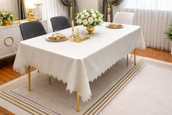 Goldroom Home Fransız Dantelli Linen Kumaştan 160 x 220 Lüks Masa Örtüsü ürün görseli 1