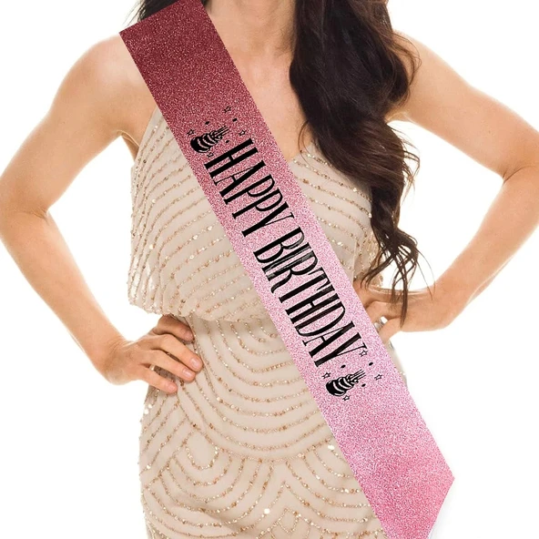 Pembe Üzeri Siyah Büyük Happy Birthday Yazılı Simli Işıltılı Kuşak Kemer 10 Cm Genişlik ürün görseli 1