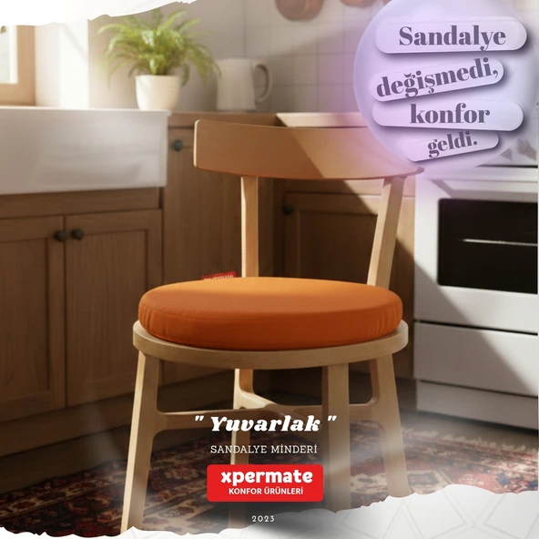Yuvarlak Sandalye Minderi  Mutfak, Balkon, Bahçe Minderi  Bağcıklı Yıkanabilir Sünger Minder Turuncu ürün görseli 1