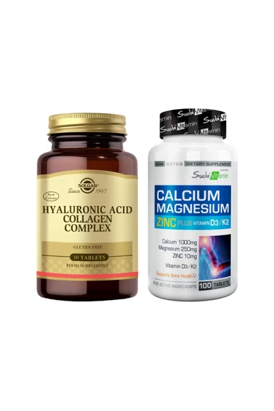 Solgar Hyaluronic Acid Collagen Complex 30 Tablet + Suda Vitamin Calcium Magnesium Zinc K2 D3 100 Tablet ürün görseli 1