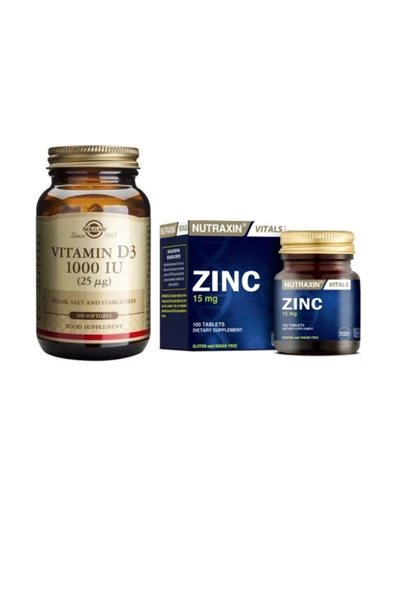 Solgar D3 Vitamini 1000 Iu 100 Kapsül + Cilt, Saç, Tırnak Sağlığı Için Çinko Takviyesi 15 Mg 100 Tablet ürün görseli 1