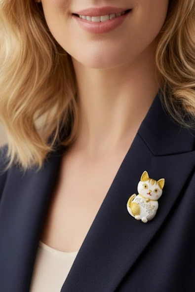 Caş Dekorasyon Karışık Renk Kedi Model Taşlı Broş ürün görseli 1