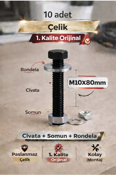 akatsuki Paslanmaz Çelik civata + Somun + Rondela Seti (M10x80mm) _ 10 Adet ürün görseli 1