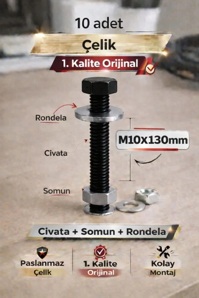 akatsuki Paslanmaz Çelik civata + Somun + Rondela Seti (M10x130mm) _ 10 Adet ürün görseli 1