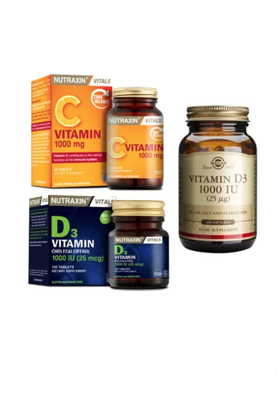 Solgar D3 Vitamini 1000 Iu 100 Kapsül +nutraxin D3 Vitamini 1000 Iu 120 Tablet+c Vitamini 1000 Mg 30 Tablet ürün görseli 1
