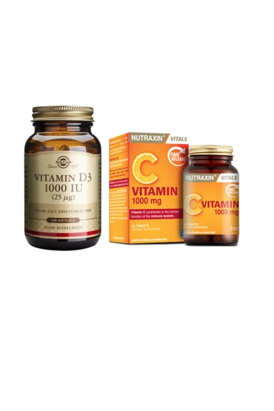 Solgar D3 Vitamini 1000 Iu 100 Yumuşak Kapsül + Nutraxin C Vitamini 1000 Mg 30 Tablet ürün görseli 1