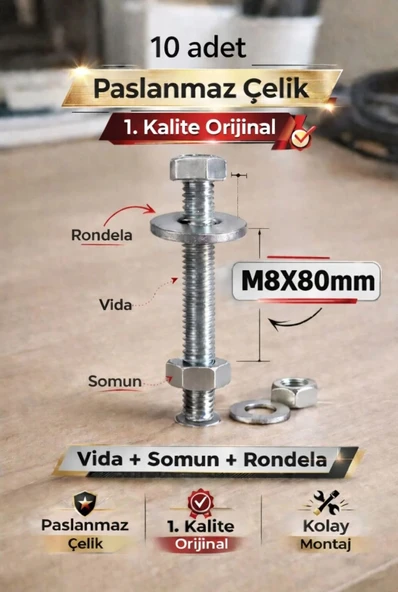 akatsuki Paslanmaz Çelik civata + Somun + Rondela Seti (M8x80mm) _ 10 Adet ürün görseli 1