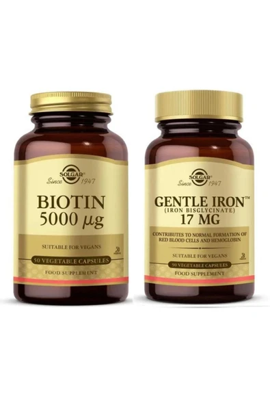 Solgar Biotin 5000 Mcg 50 Kapsül+ Gentle Iron 17 Mg 90 Kapsül ürün görseli 1