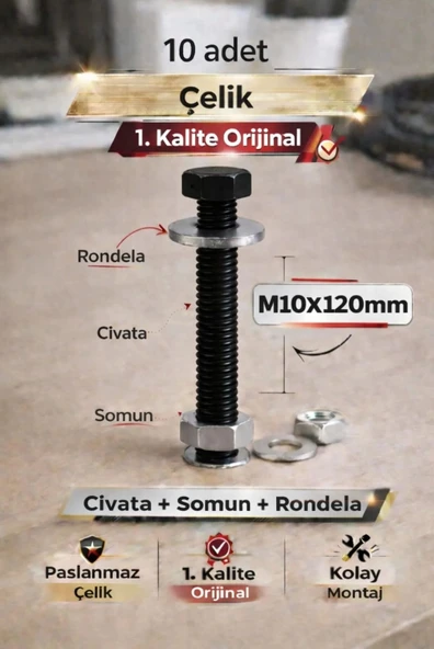 akatsuki Paslanmaz Çelik civata + Somun + Rondela Seti (M10x120mm) _ 10 Adet ürün görseli 1