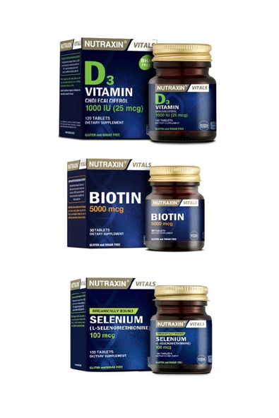 Nutraxin Vitals Biotin 5000 mcg 30 Tablet+ Selenium 100 mcg 100 Tablet+ D3 Vitamini 120 Tablet ürün görseli 1