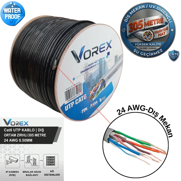 Vorex Cat6 UTP 305 Metre Zırhlı Dış Ortam Ethernet Ağ Kablosu - 24 AWG 0.50mm Outdoor Su Geçirmez Siyah ürün görseli 1