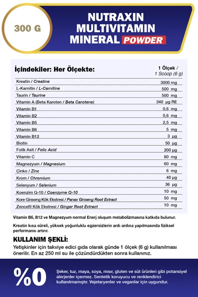 Nutraxin Multivitamin Mineral Powder 300 gr - Resim 3