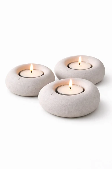 3’lü Dekoratif Mumluk Seti – Minimal Beton Görünümlü Tealight Mumluk Salon Dekoru ürün görseli 1