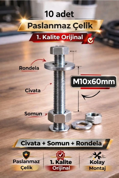 akatsuki Paslanmaz Çelik civata + Somun + Rondela Seti (M10x60mm) _ 10 Adet ürün görseli 1