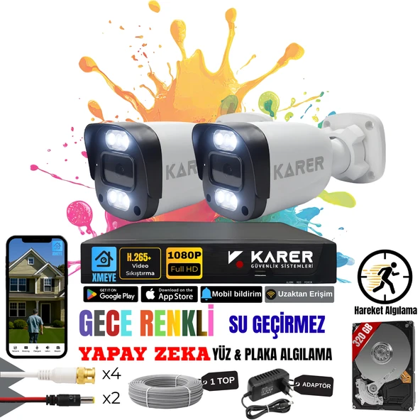 EXİTCAM 2 KAMERALI-RENKLİ GÖRÜŞ-SU GEÇİRMEZ-YÜZ ve ARAÇ TANIMALI-YAPAY ZEKA AYRICALIKLI GÜVENLİK SETİ ürün görseli 1