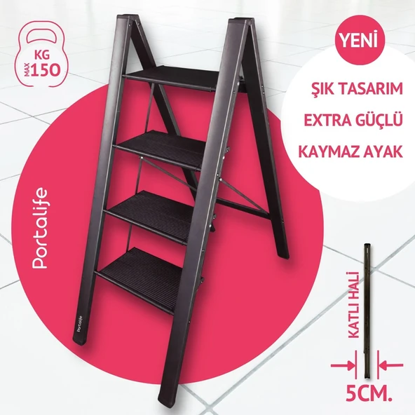 Portalife 4 Basamak Şık Alüminyum Antrasit Merdiven- Alüminyum - Geniş Basamaklı Ev - Ofis Merdiveni ürün görseli 1