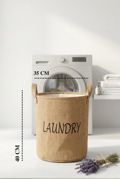 Çamaşır Sepeti Kumaş Kulplu Jüt Kumaş Katlanabilir Laundry Yazılı Bej Renk ürün görseli 1