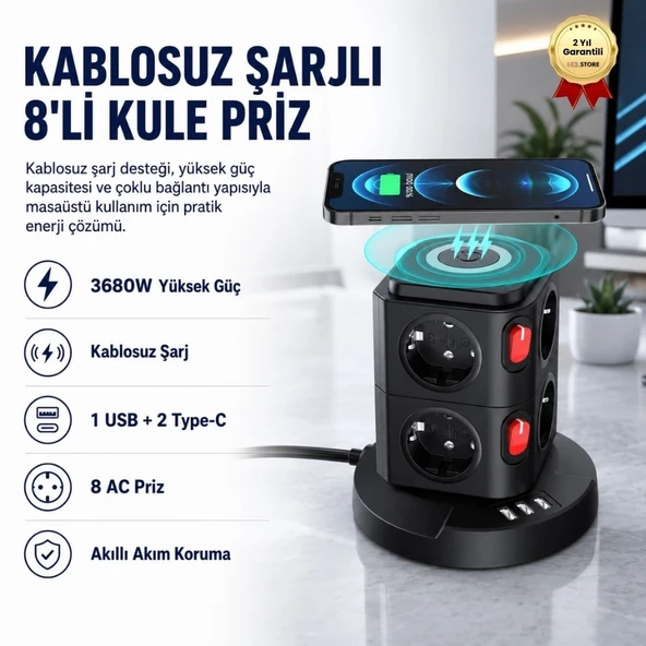 Kablosuz Şarj Destekli 3680W  8'li kule Priz-Wireless Şarj Destekli ürün görseli 1