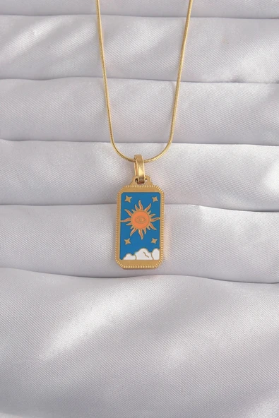 316L Çelik Gold Renk Mavi Mineli Güneş Model Tarot Kolye ürün görseli 1