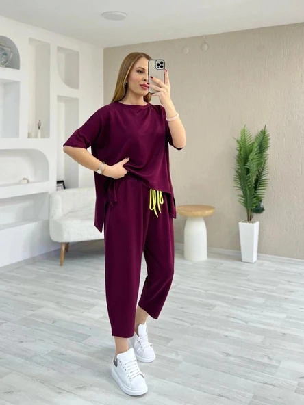 Kadın Kısa Kollu Bisiklet Yaka Viskon Iki Iplik Bluz Ve Pantolon Ikili Takım ürün görseli 1