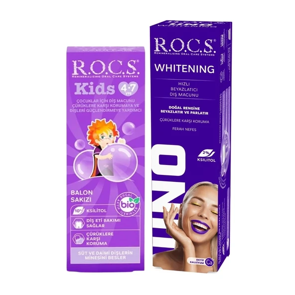 R.O.C.S Anne & Çocuk Diş Bakım Seti – Uno Beyazlatıcı & Balon Sakızı (4-7 Yaş) ürün görseli 1