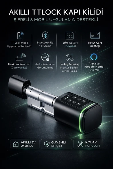 TTLock Akıllı Kapı Kilidi Elektronik Silindir Şifreli Kartlı Mobil APP Bluetooth Smart Lock Siyah ürün görseli 1