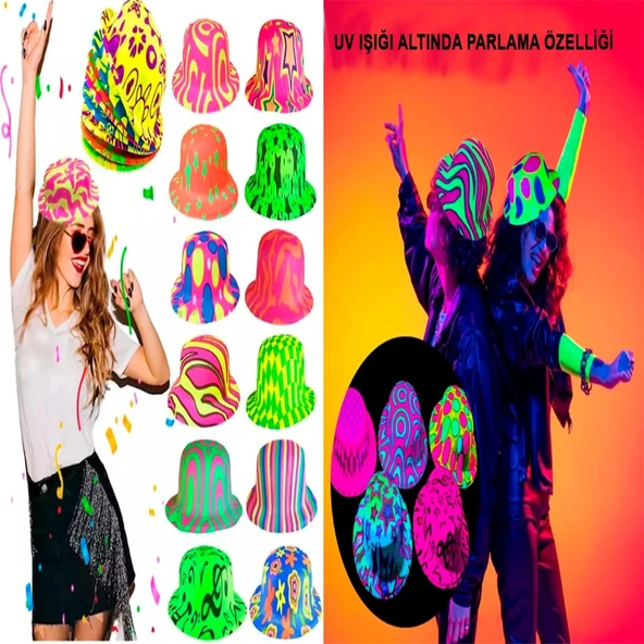 Farklı Desenlerde Plastik Neon Uv Işık Parti Şapkası 1 Adet ürün görseli 1