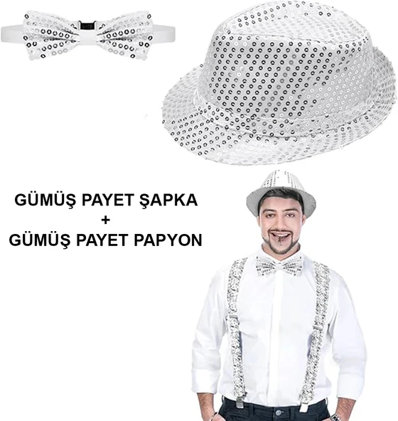 Gümüş Payetli Şapka Ve Papyon Seti – Parıltılı Yetişkin Kostüm Seti ürün görseli 1