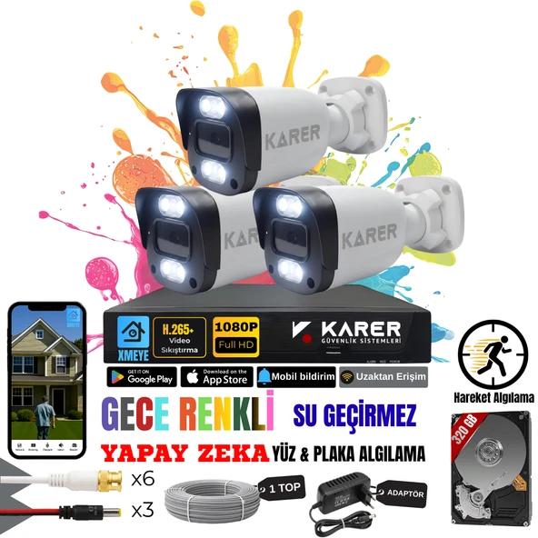 EXİTCAM 3 KAMERALI-RENKLİ GÖRÜŞ-SU GEÇİRMEZ-YÜZ ve ARAÇ TANIMALI-YAPAY ZEKA AYRICALIKLI GÜVENLİK SETİ ürün görseli 1