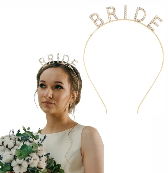 Altın Gold Renk Bekarlığa Veda Kristal Taş Bride Tacı İthal 16x10 Cm ürün görseli 1