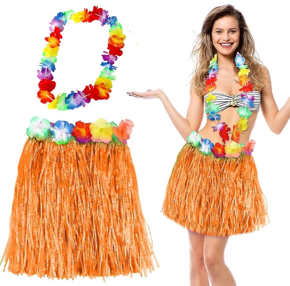 Hawaii Luau Aloha Turuncu Püsküllü 40 Cm Etek Ve Hawaii Kolye Seti ürün görseli 1