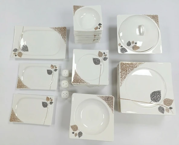 Kütahya Porselen Bone Porcelain 52 Parça Kare Yemek Takımı - Yaprak Desenli ürün görseli 1