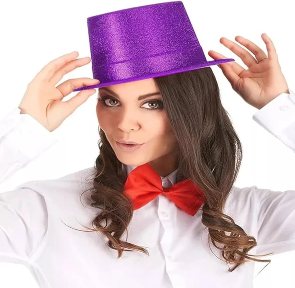 Koyu Mor Renk Violet Parıltılı Simli Fötr Silindir Parti Şapkası ürün görseli 1