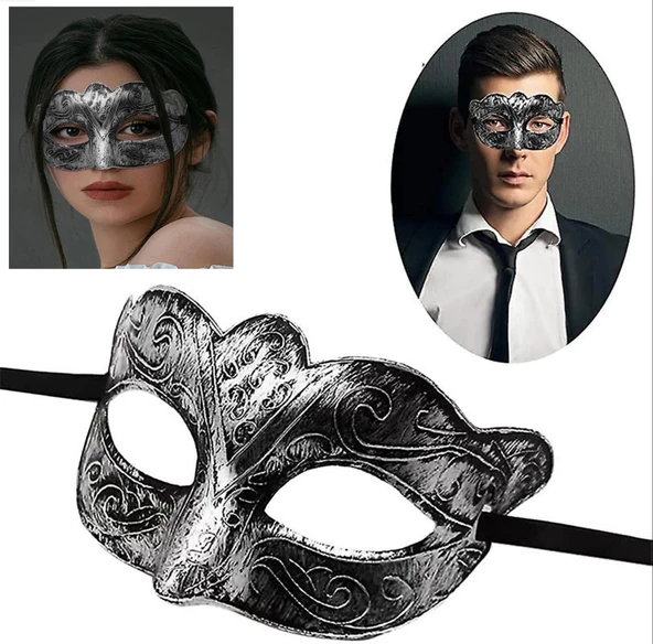 Maskeli Balo Antik Gri Gümüş Eskitilmiş Maske Balo Venedik ürün görseli 1